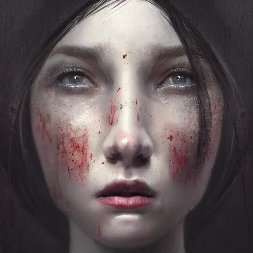 Image similar to upside down portrait of a woman, sad, cry, gloomy, blood, fire, intricate, elegant, highly detailed, digital painting, artstation, concept art, matte, sharp focus, illustration, octane render, unreal engine, art by aenaluck and roberto ferri and greg rutkowski, epic fantasy, digital painting