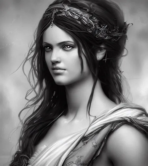 Image similar to beautiful young aphrodite goddess, archer, realistic face, beautiful eyes, black and white drawing, in the style of greg rutkowski, fantasy, amazing detail, epic, intricate, elegant, smooth, sharp focus