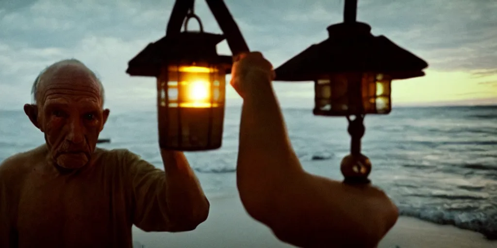 Image similar to film still of closeup old man holding up lantern by his beach hut at night. pirate ship in the ocean by emmanuel lubezki