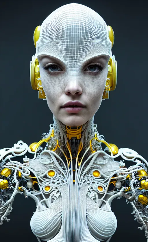 Prompt: intricate hyper detailed ultra sharp 3 d render of a beautiful smooth porcelain seductive cyborg woman portrait, medium shot portrait, bright light, alexandre ferra mecha, deeply cyberpunk art nouveau haute couture huge fractal white silver gold mycelum and yellow pore fungi head ornaments, big embroidered leaves filigree spreaded roots, octane render, volumetric cinematic lighting, 8 k, vray tracing