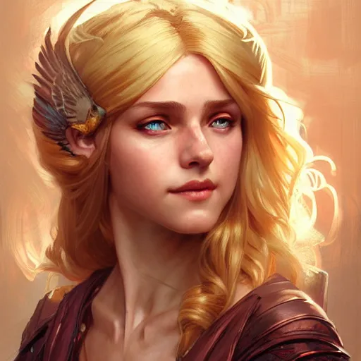 Image similar to an epic fantasy comic book style portrait painting of a young blonde girl thief, d & d, fantasy, joyful smirk, intricate, elegant, digital painting, artstation, extremely detailed, concept art, matte, sharp focus, illustration, art by artgerm and greg rutkowski and alphonse mucha