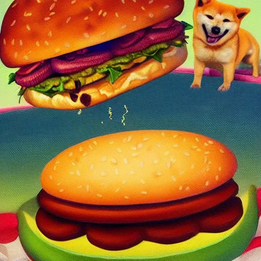 Prompt: a shiba inu dog inside a magical hamburger revealing your fate, oil painting