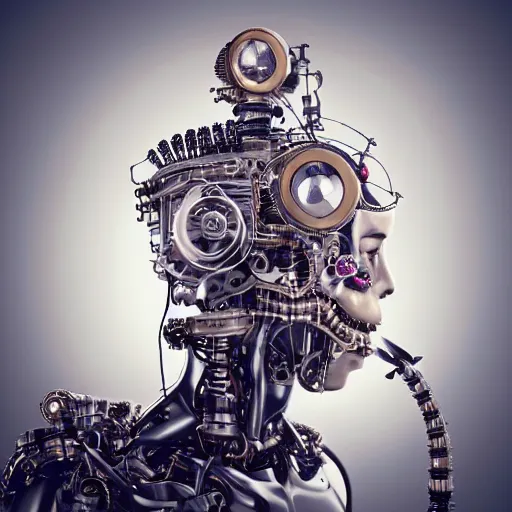 Image similar to a beautiful intricate fine art portrait photo of a a mechanical industrial steampunk cybernetic robot making silly funny faces, by tom bagshaw and zach sutton, roses surrounding the robot, perfection!, milk bath photography, studio lighting, 35mm lens, very detailed, bionic, cybernetic scifi, deep depth of field, artstation, 8K, highly coherent