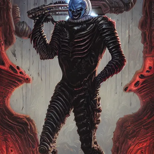 Image similar to scorn giger joker as the doom slayer, pixar style, by tristan eaton stanley artgerm and tom bagshaw.