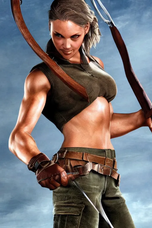 Prompt: muscular laura croft hold bow and arrow