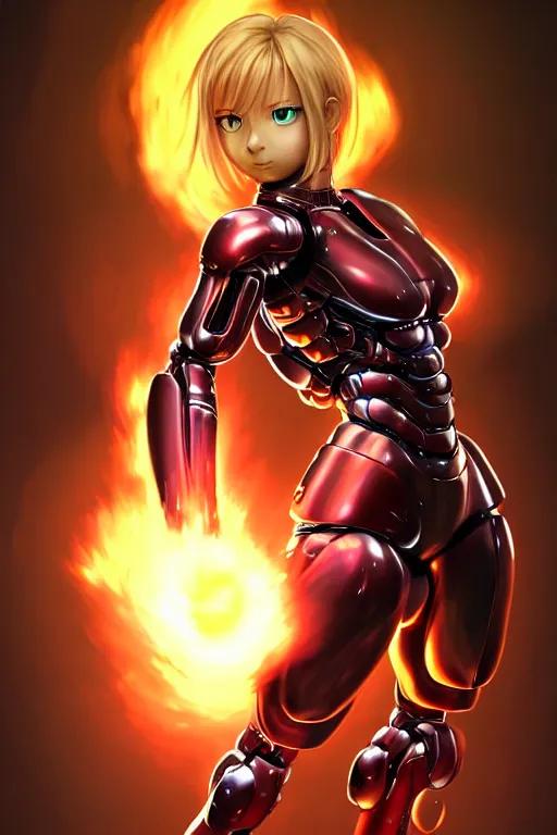 Prompt: character art by wlop, samus aran disguised as the t 1 0 0 0 from terminator, on fire, fire powers