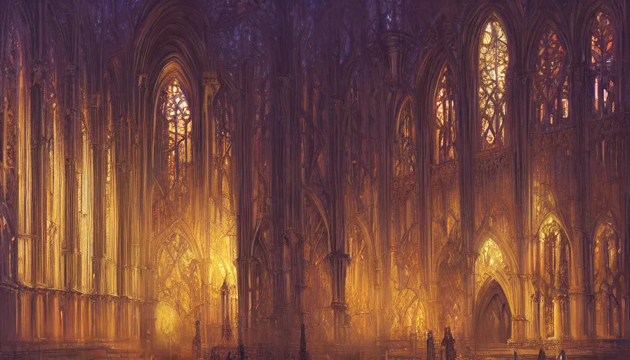 Image similar to atmospheric painting of a fractal gothic cathedral, by Marc Simonetti, oil on canvas, highly detailed, soft lighting