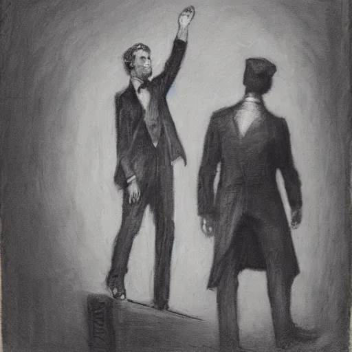 Image similar to action hero mage in suit and tie raising his arm and channeling light magic, by alfred stevens in charcoal