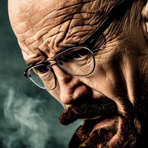 Prompt: angry walter white wiping blood off his mouth, extreme detail, studio light, photorealistic, gritty, movie still, cinematic, smoke, soft focus, well edited, 8 k, atmospheric, dark, leather jacket