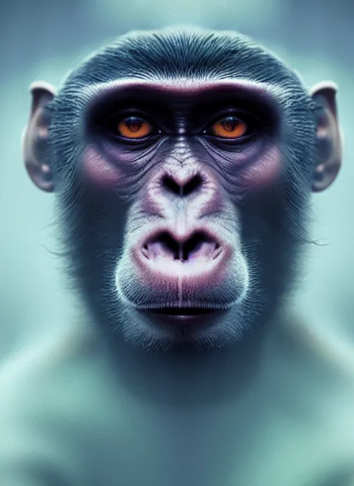 Prompt: an ethereal, misty portrait of a monkey whose face is accented with neon - toned glowing eyeliner. the makeup floats off his face and joins swirling clouds of smoke and fog, becoming an aurora. muted tones. surreal portrait, cinematic lighting, 8 k, smooth, sharp focus, digital painting, rendered in octane, painted by tom bagshaw, artgerm