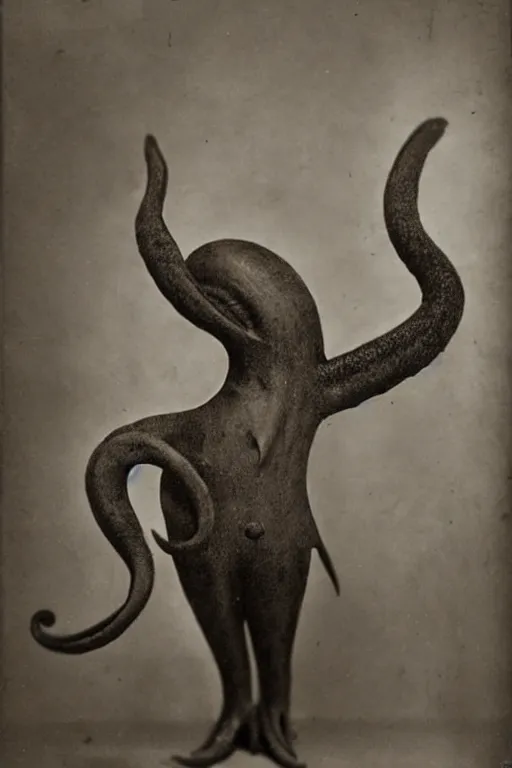 Prompt: anthropomorphic octopus ,with human hands, wearing a suit, vintage photograph, sepia