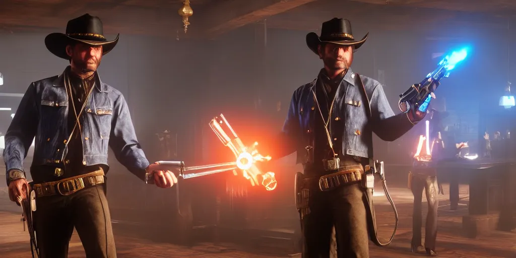 Image similar to a futuristic cowboy holding a glowing revolver to his enemies in a wild western bar, red dead redemption 2, trending on artstation, digital art, award winning, cinematic lightning, ray tracing, 8k, Highly Detailed