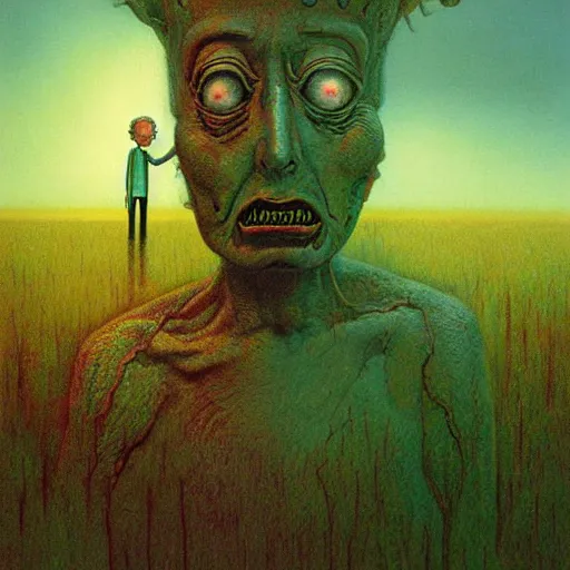 Image similar to rick and morty by zdzislaw beksinski