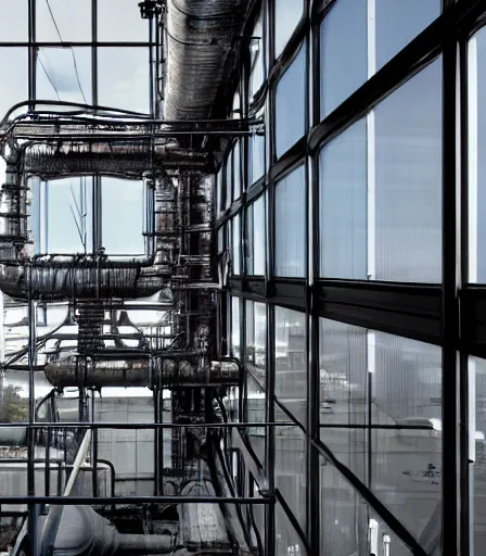 Image similar to photo of a power plant with a huge window opening, industrial design, extreme muscles