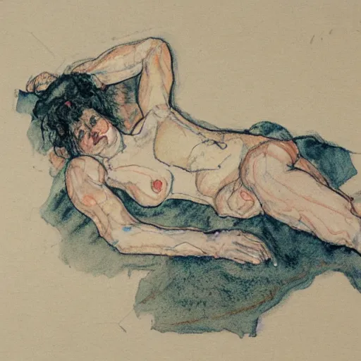 Prompt: pencil, ink and colour wash life drawing of reclining female, in the style of egon schiele