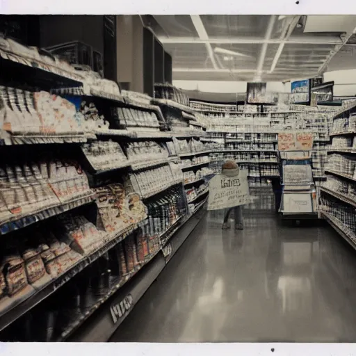 Image similar to Vintage Photograph of a futuristic time machine inside of a grocery store, shallow depth of field, awkward, out of place, polaroid 600 Color