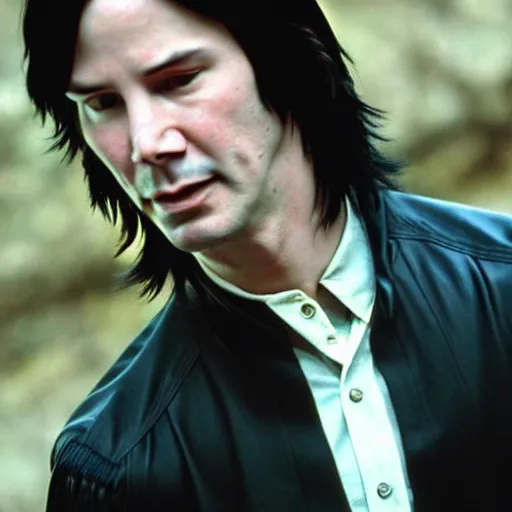 Image similar to Film Still of a Young Keanu Reeves playing a Young Severus Snape in Harry Potter, Film Still, realistic, hyperrealistic, very realistic, very very realistic, highly detailed, very detailed, extremely detailed, detailed, detailed face, very detailed face, very detailed face, realism, HD Quality, 8k resolution, intricate details, body and head in frame, Real Life