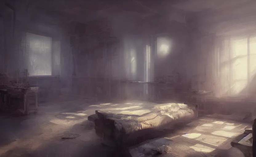 Prompt: Abandoned hospital room, intricate, elegant, volumetric lighting, digital painting, highly detailed, artstation, sharp focus, illustration, concept art, ruan jia, steve mccurry