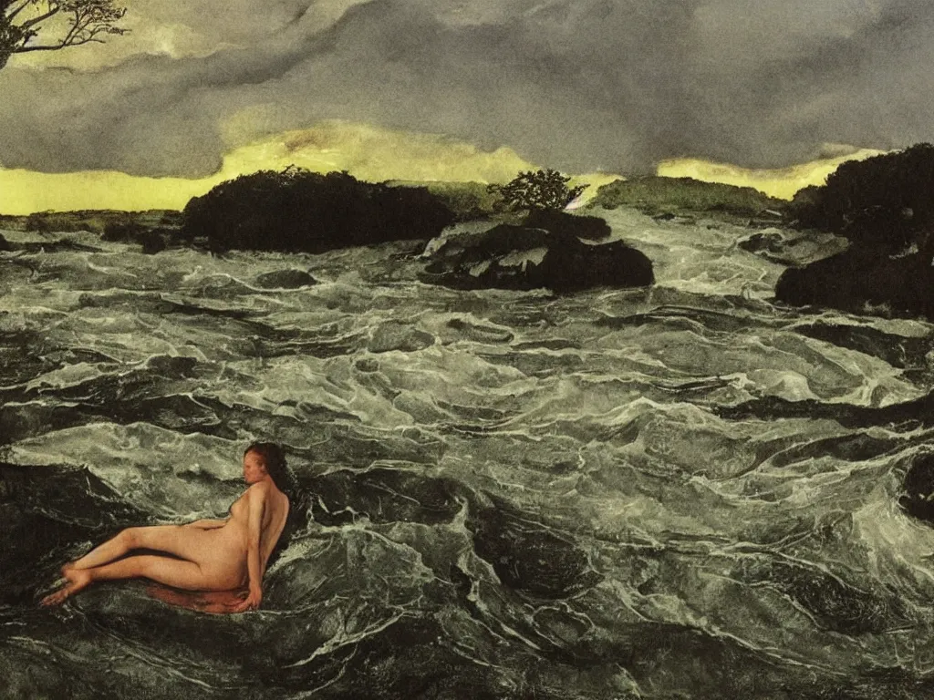 Prompt: Young woman swimming in a turbulent river at sunset. Acacia trees in the wind, blinding lightning strikes. Painting by Lucas Cranach, Andrew Wyeth