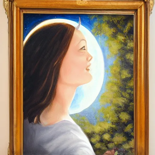 Image similar to painting of brunette girl looking out the window at the moon, love