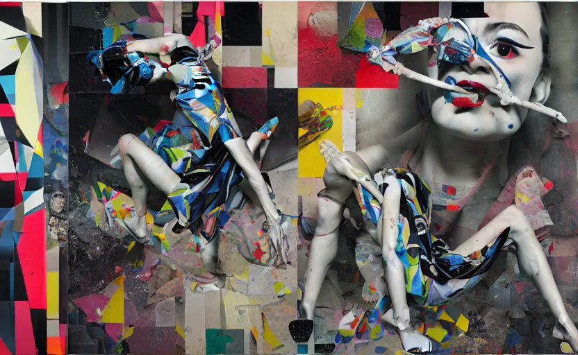 Prompt: decollage painting of a balenciaga campaign struggling in a ruined city by adrian ghenie and takato yamamoto and edward hopper and mark ryden and tsutomu nihei, part by bridget riley, acrylic pour and splashing paint, very coherent, baroque elements, perfect anatomy, intricate design. pop art.