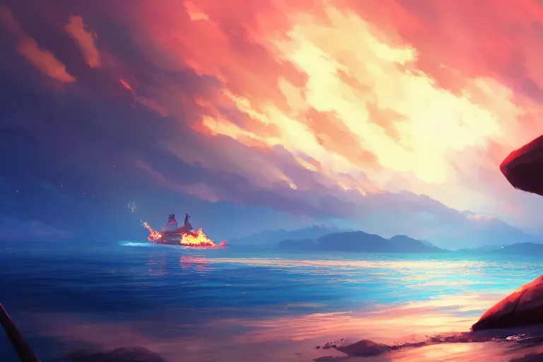 Prompt: Anime blue water with piano on fire, far away, landscape, scenery, Cushart Krenz, Shinkai Makoto, by Lluluchwan, lots of details, highly detailed, 4k