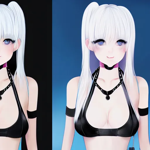 Image similar to realistic detailed semirealism beautiful gorgeous cute Blackpink Lalisa Manoban white hair white cat ears blue eyes, wearing black camisole maid outfit, headphones, black leather choker full HD 4K high resolution quality WLOP, Aztodio, Taejune Kim, Guweiz, Pixiv, Instagram, Artstation