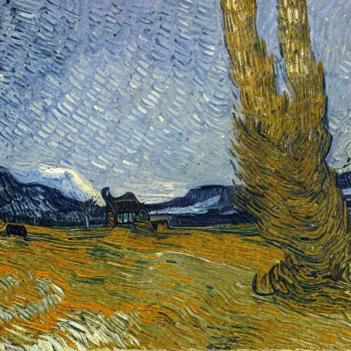 Image similar to beautiful oil painting, snowy snow storm, woodland meadow, log cabin, smoke billowing from chimney, evening, light from window, water stream, water wheel, oak trees, pine trees, rabbits, squirrel, fox, mild breeze wind, falling snow, snow on trees and ground, mountain in background, high detailed, by van gogh