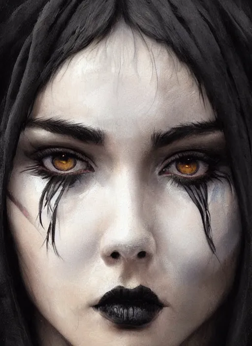 Prompt: a teenage fit girl with very short black hair and a huge cloak made of grey and black feathers. beautiful highly detailed face. beautiful painting by artgerm and greg rutkowski and raymond swanland, detailed portrait, closeup