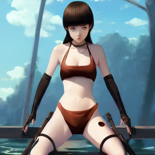 Image similar to kodak portra. by wlop, ilya kuvshinov, krenz cushart, greg rutkowski, trending on pixiv. zbrush sculpt, octane, maya, houdini, vfx. cute anime girl wearing bikini armor. digital painting. cinematic dramatic atmosphere, sharp focus, volumetric lighting.