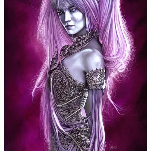 Prompt: portrait of junoesque of the moon, silver filigree armor, purple hair, translucent skin, beautiful! coherent! by brom, by junji ito, strong line, high contrast, muted color