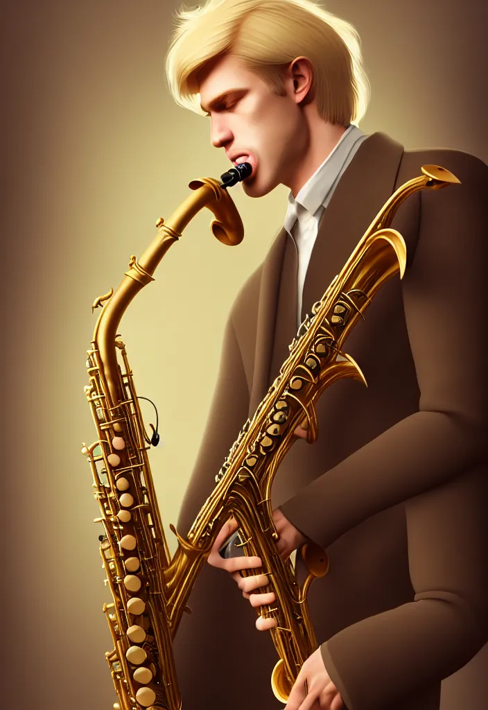 Prompt: a highly detailed portrait of a blond man with nice cloths playing the sax, on a nice calm serene environment, artstation, DeviantArt, professional, octane render