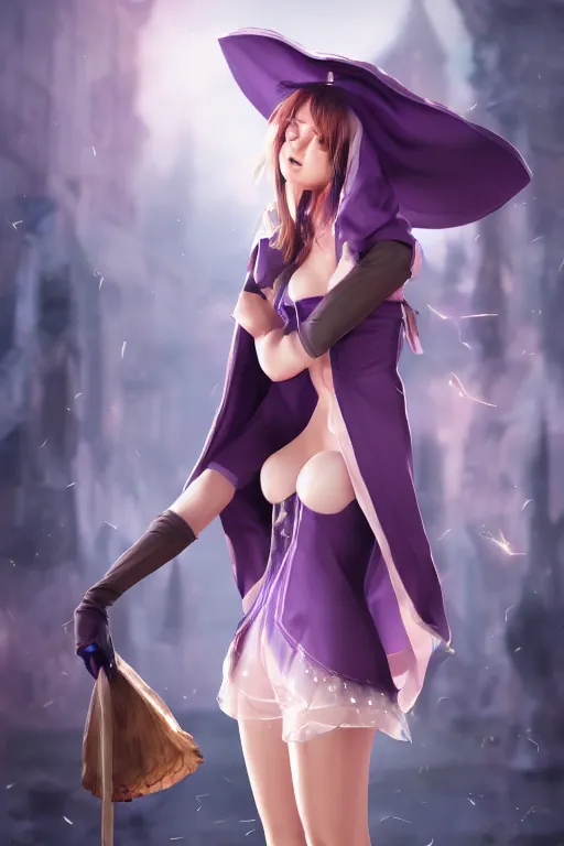 Image similar to Young cute small beautiful girl in form fitting slim purple witch robes and pointy hat at a crowded magical university, full body shot unreal engine hyperreallistic render 8k character masterpiece digital art, trending on Artstation, CGSociety