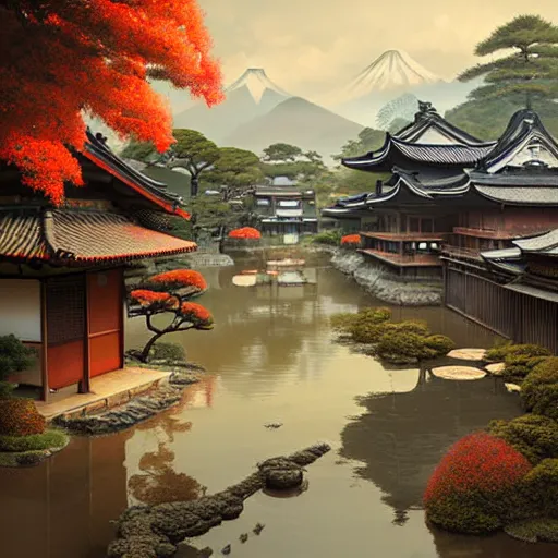 Image similar to old japanese town with garden viewed from harbor, d & d digital painting, ultra realistic, beautiful, volumetric lighting, warm colors advance, cell shading, by james jean, greg rutkowski,