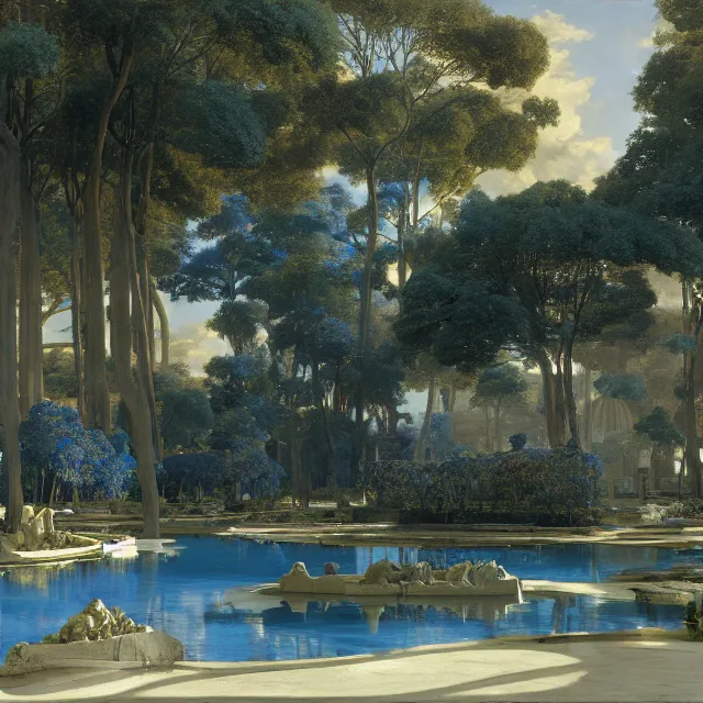 Prompt: gardens of marble draped in flowing sheets of cobalt blue satin and silver satin, by syd mead and moebius and roger dean and ivan aivazovsky and alma tadema and pieter claesz and august malmstrom and aelbert cuyp and caspar david friedrich, hyperrealistic, volumetric light, octane render