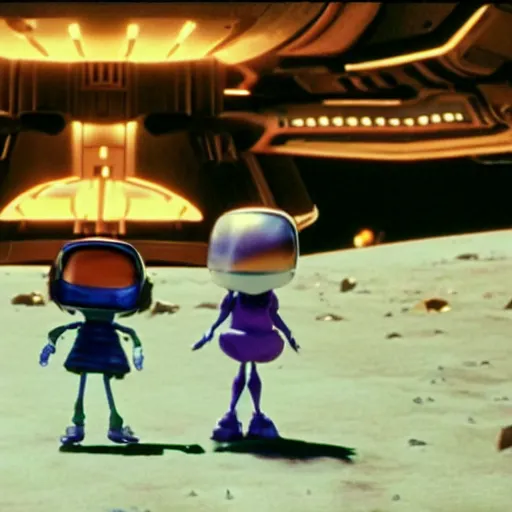 Image similar to a cinematic film still from a 2001 Pixar movie about a futuristic city on the moon where anthropomorphic star beings live, aesthetic, in the style of Pixar, shallow depth of focus