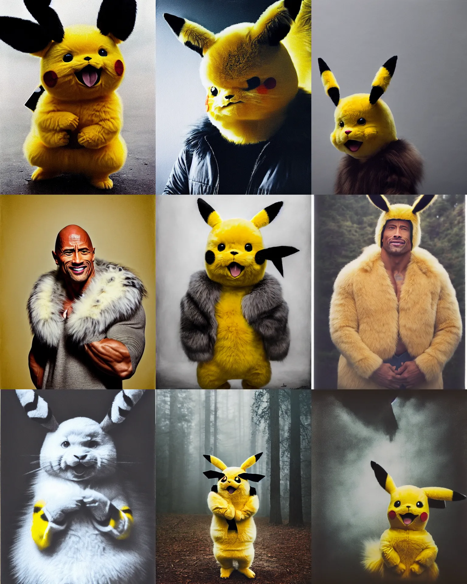 Prompt: Dwayne Johnson wearing pikachu fur costume with big ears , Cinematic focus, Polaroid photo, vintage, neutral colors, soft lights, foggy, mist, by Steve Hanks, by Serov Valentin, by lisa yuskavage, by Andrei Tarkovsky