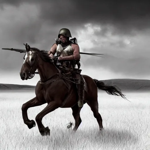 Prompt: a haunting hyper-realistic photograph of a tired spartan soldier riding a horse on the battlefield in the style of a photo-realistic, realistic photograph, moonlight, detailed, dark, ominous, threatening, haunting, forbidding, colorful, stormy, doom, apocalyptic, sinister, ghostly, unnerving, harrowing, dreadful ,frightful, shocking, terror, hideous, ghastly, terrifying