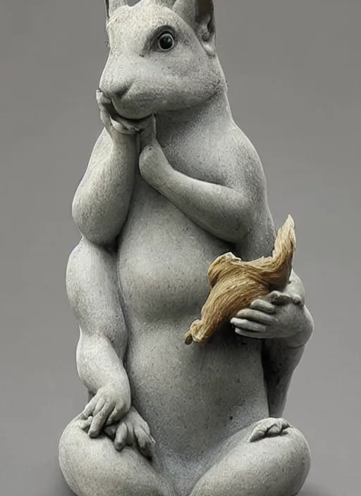 Image similar to A marble statue of a squirrel holding an acorn in the style of Statue of Liberty. museum photo