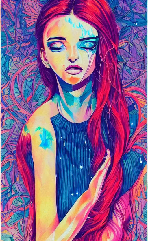 Prompt: an ultra detailed beautiful painting of a stylish woman with colorful sundress, concert poster, modern retro, symmetrical, harumi hironaka, conrad roset, greg rutkowski