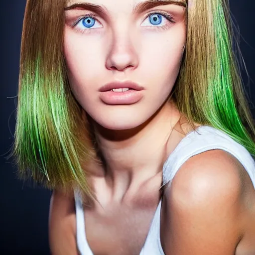 Image similar to brunette with dyed blonde hair, 21 years old, 165 cm tall, long flat blonde hair, eyes green, 30% smaller nose, smaller mouth, round shaped face, big forehead, lop eared, thin eyebrows, real life photograph