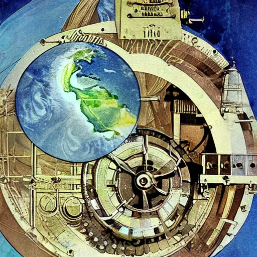 Prompt: 1960 magazine cut out collage of steam punk machinery terraforming Jupiter, water paint by Janosch,