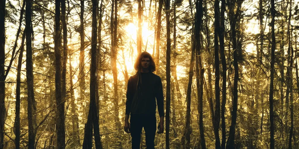 Prompt: mixture between a human and crow, golden hour, photograph captured in a forest