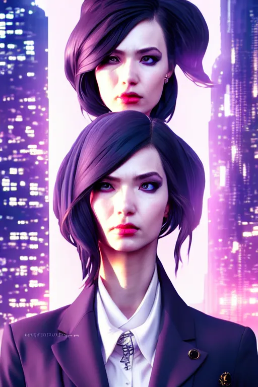 Prompt: hyperdetailed very close portrait of a european thirty years old woman in an elegant suit with a pin in a cyberpunk city inspired by ross tran and wlop and masamune shirow and kuvshinov, concept art, intricate, photorealistic, octane render, rtx, hdr, unreal engine, dnd digital art by artgerm fine face