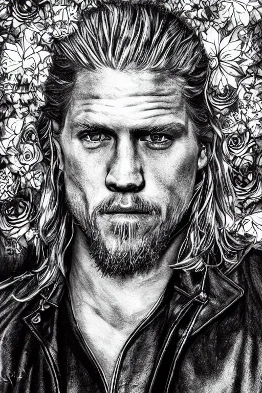 Prompt: Photorealistic half body Portrait of Jax Teller as a very attractive muscular biker, all his skin covered by flowers, elvish symbols and and dark grim themed tattoos. surrounded by magic lightings overlays, Intricate, concept art, magic lighting overlays, magical portal opened, D&D!, fantasy style, sharp focus!, ultra detailed, art by Artgerm and Peter Andrew Jones, WLUP, Magali Villeneuve