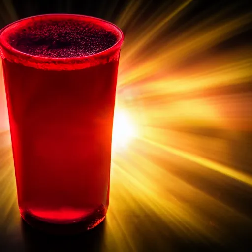 Image similar to sunlight shining through a red healing potion, 4k photograph, neon red