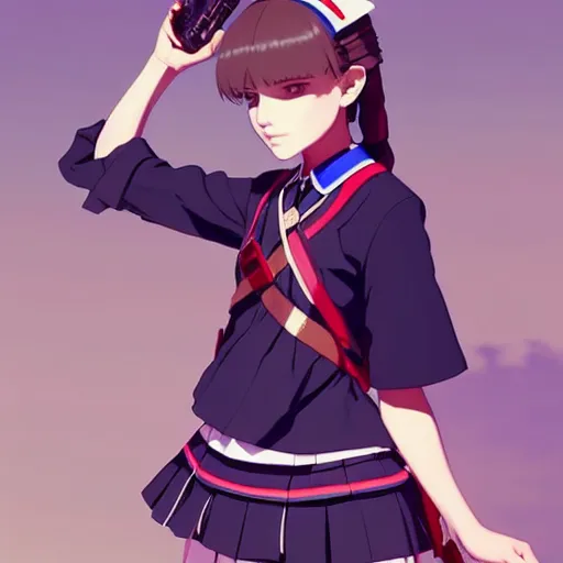 Image similar to a beautiful! boyish! natalie portman model, wearing catholic school girl outfit with mayan pattern and native style, jrpg aztec street fashion, gapmoe yandere grimdark, trending on pixiv fanbox, painted by greg rutkowski makoto shinkai takashi takeuchi studio ghibli, akihiko yoshida