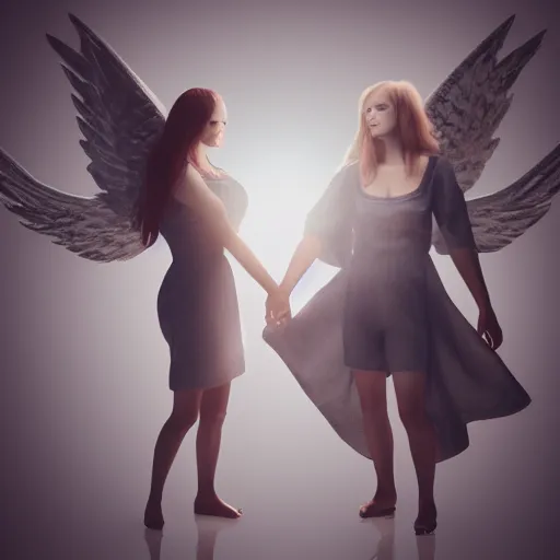 Image similar to devil woman and angel woman holding hands, hyper realistic, volumetric lighting, photo realistic