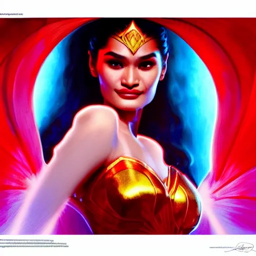 Image similar to pia wurtzbach as darna, volumetric lights, red and cyan theme, art nouveau botanicals, intricate, highly detailed, digital painting, artstation, concept art, smooth, sharp focus, cinematic, illustration, beautiful face, art by artgerm and greg rutkowski and alphonse mucha