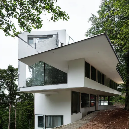 Image similar to second story cantilevered white brutalist elevated home on top of 2 large oblong piers